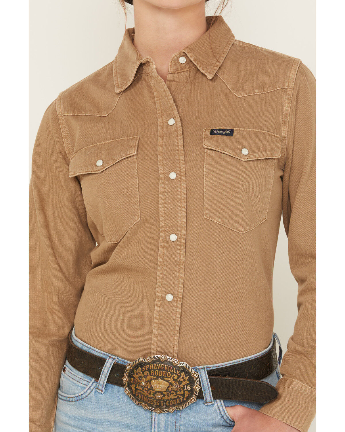Image #3 - Wrangler Retro Women's Vintage Denim Long Sleeve Snap Western Shirt, Tan, hi-res
