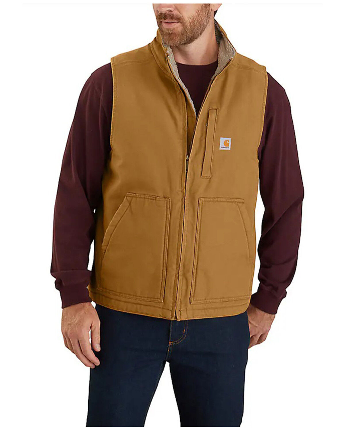 Image #1 - Carhartt Men's Brown Washed Duck Sherpa Lined Mock Neck Work Vest - Big, Brown, hi-res