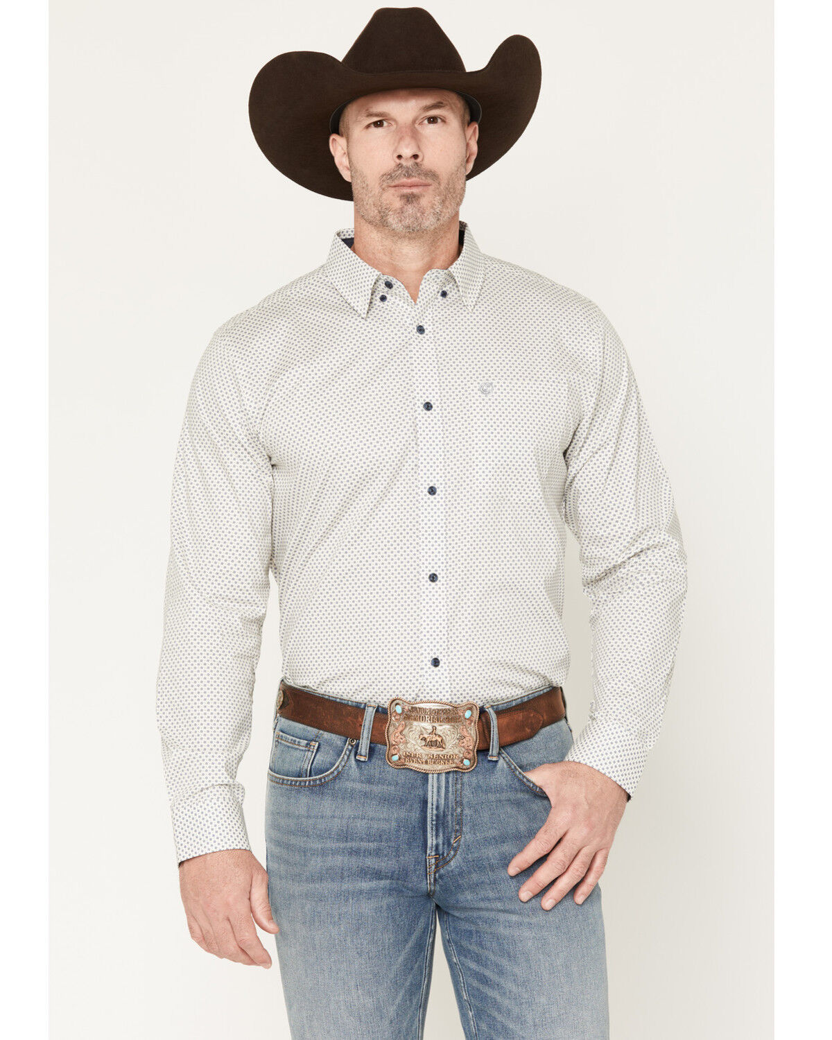 Image #1 - Cody James Men's NFR Geo Print Long Sleeve Button-Down Stretch Western Shirt - Tall, White, hi-res