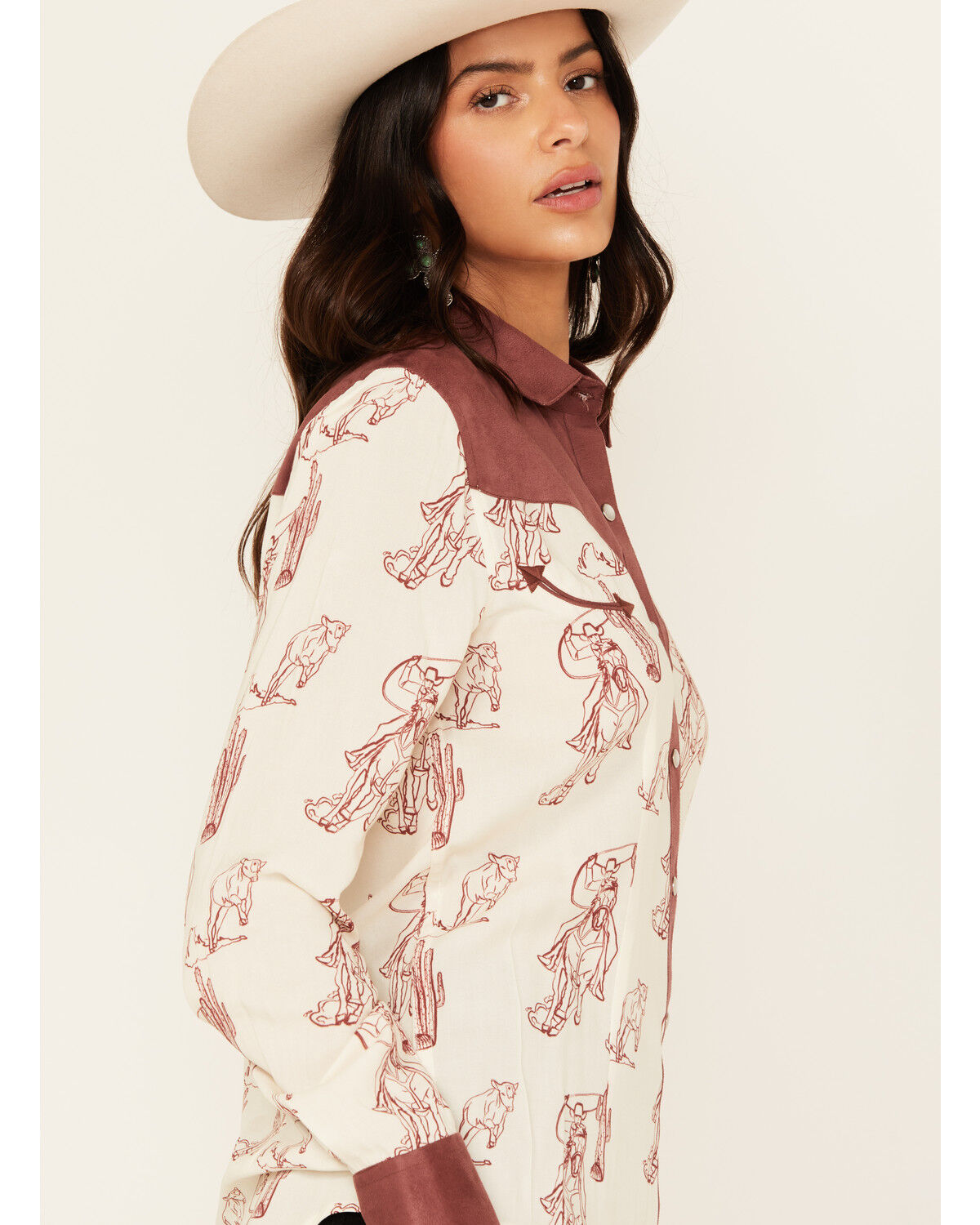 Image #3 - Panhandle Women's Western Print Long Sleeve Pearl Snap Western Shirt, Cream, hi-res