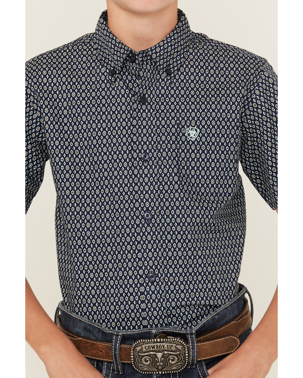 Image #3 - Ariat Boys' Geo Print Short Sleeve Button-Down Western Shirt, Navy, hi-res