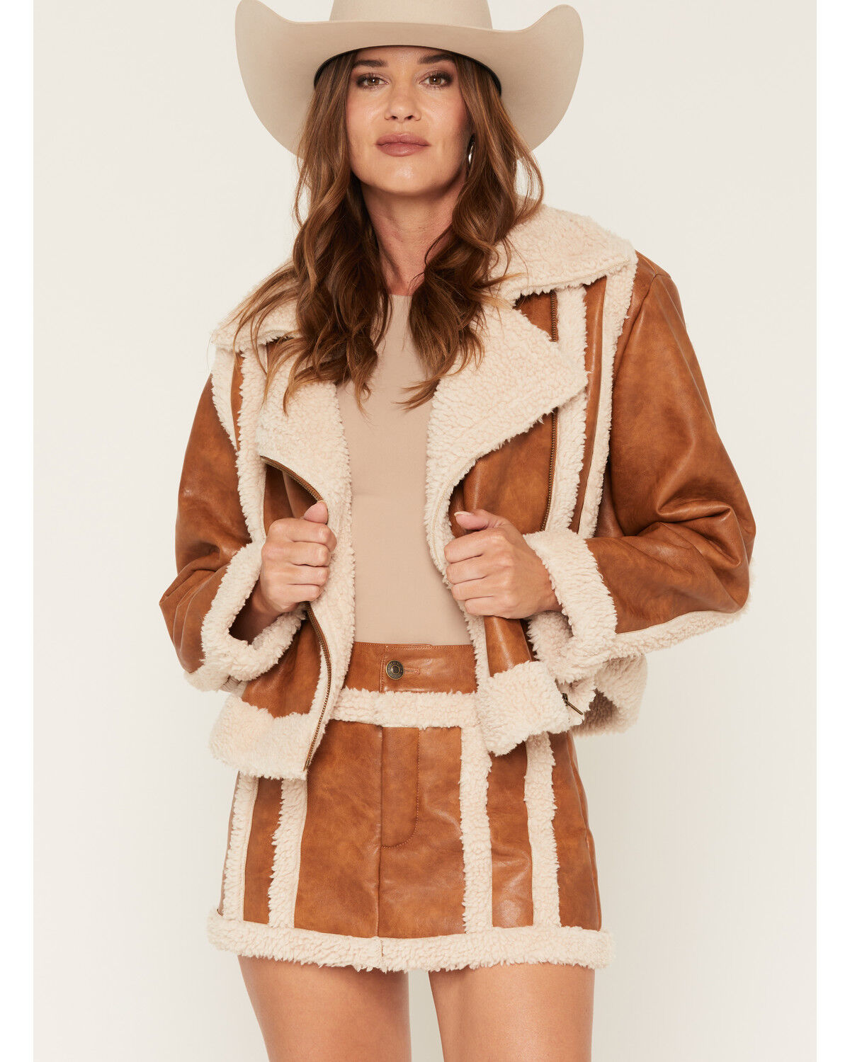 Image #5 - Show Me Your Mumu Women's Laurel Canyon Sherpa Faux Leather Skort, Cognac, hi-res
