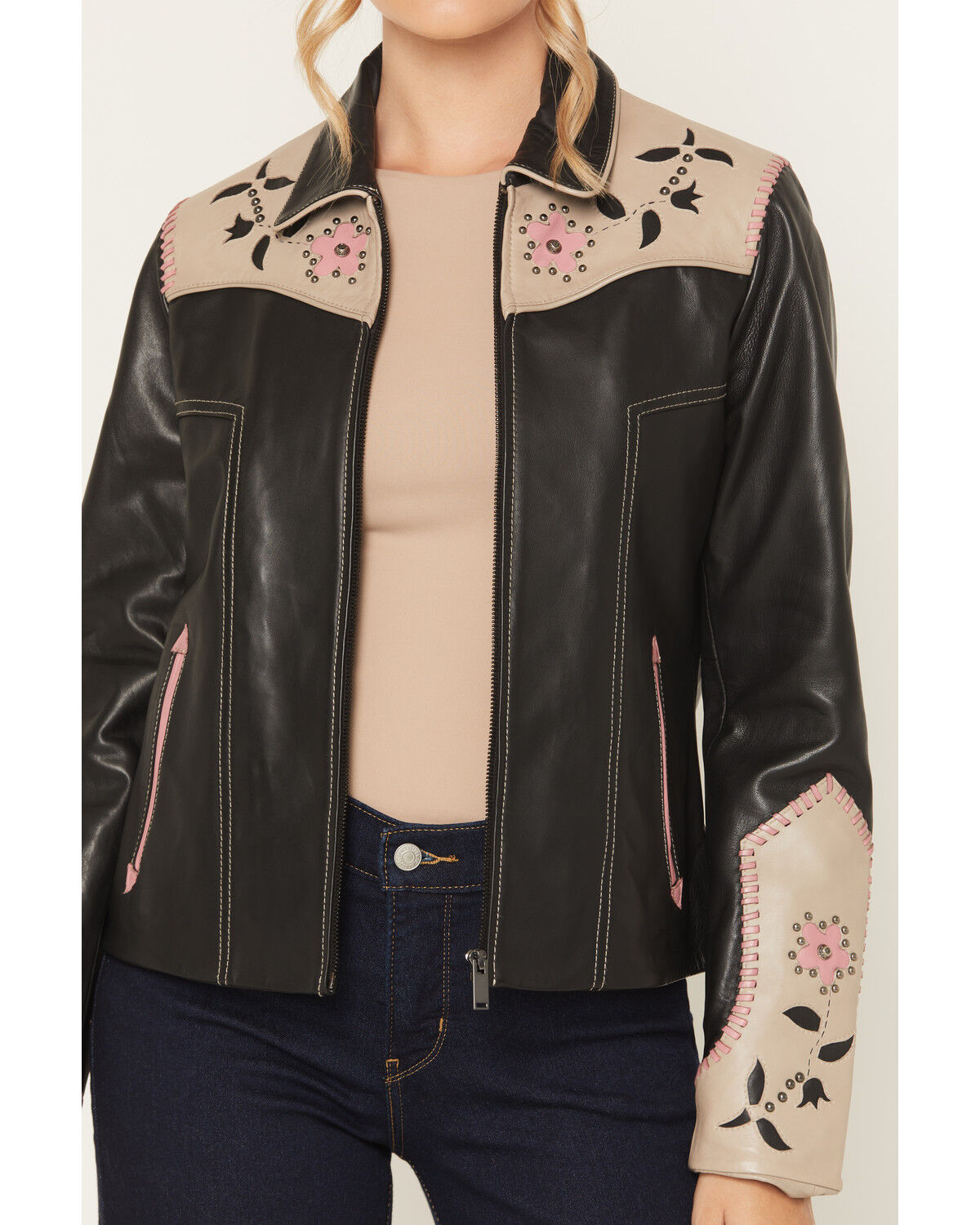 Image #3 - Scully Women's Floral Embellished Leather Jacket, Black, hi-res