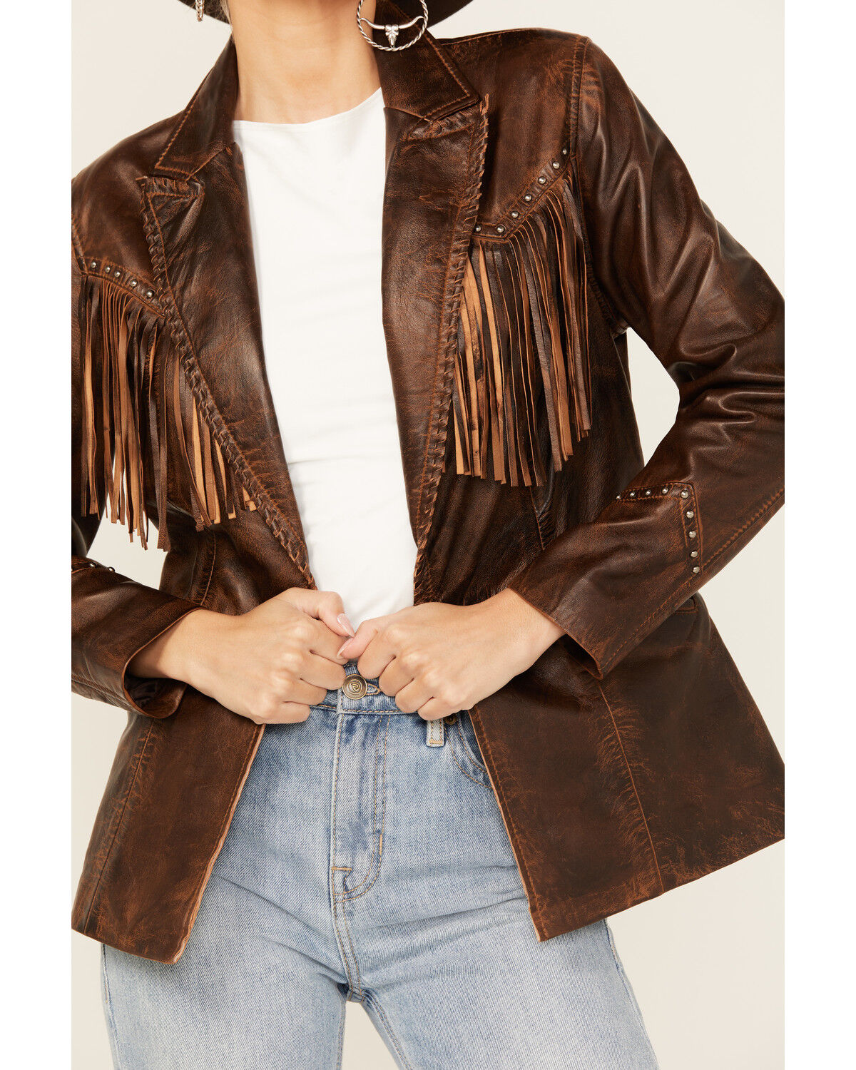 Image #3 - Cripple Creek Women's Fringe Leather Blazer, Brown, hi-res