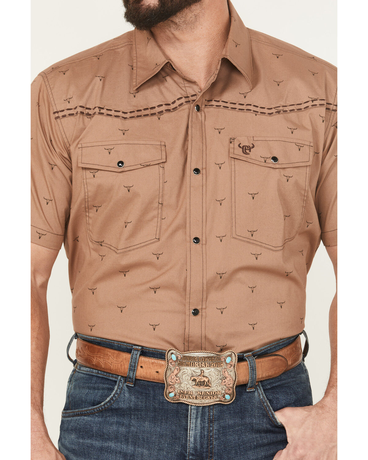 Image #3 - Cowboy Hardware Men's Boot Barn Exclusive Steerhead Short Sleeve Snap Stretch Western Shirt, Brown, hi-res