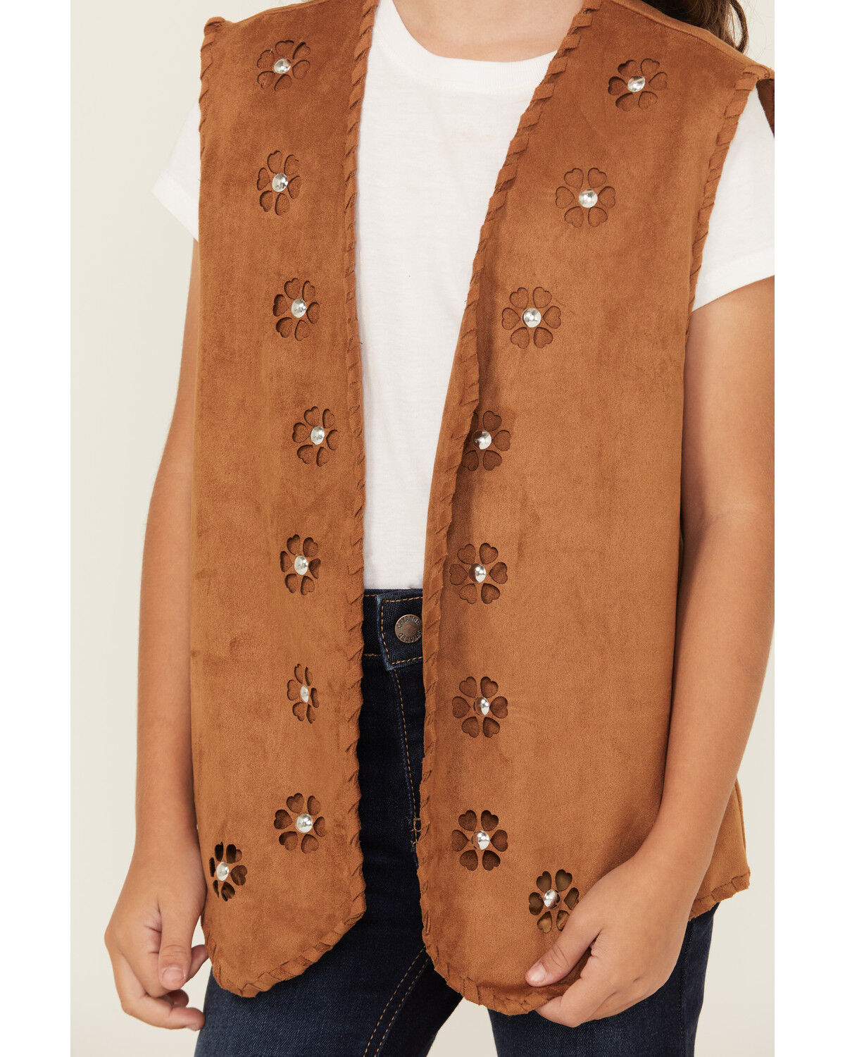 Image #3 - Fornia Girls' Studded Floral Vest, Camel, hi-res