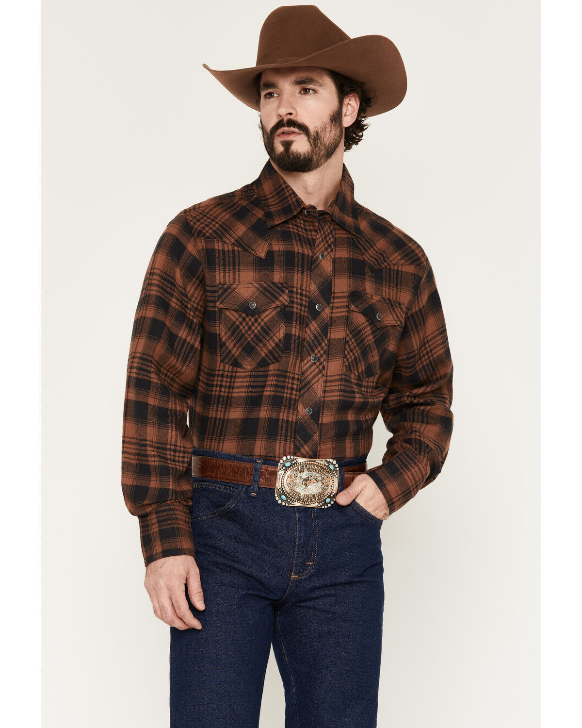 Image #1 - Wrangler Retro Men's Plaid Print Long Sleeve Snap Flannel Shirt, Brown, hi-res