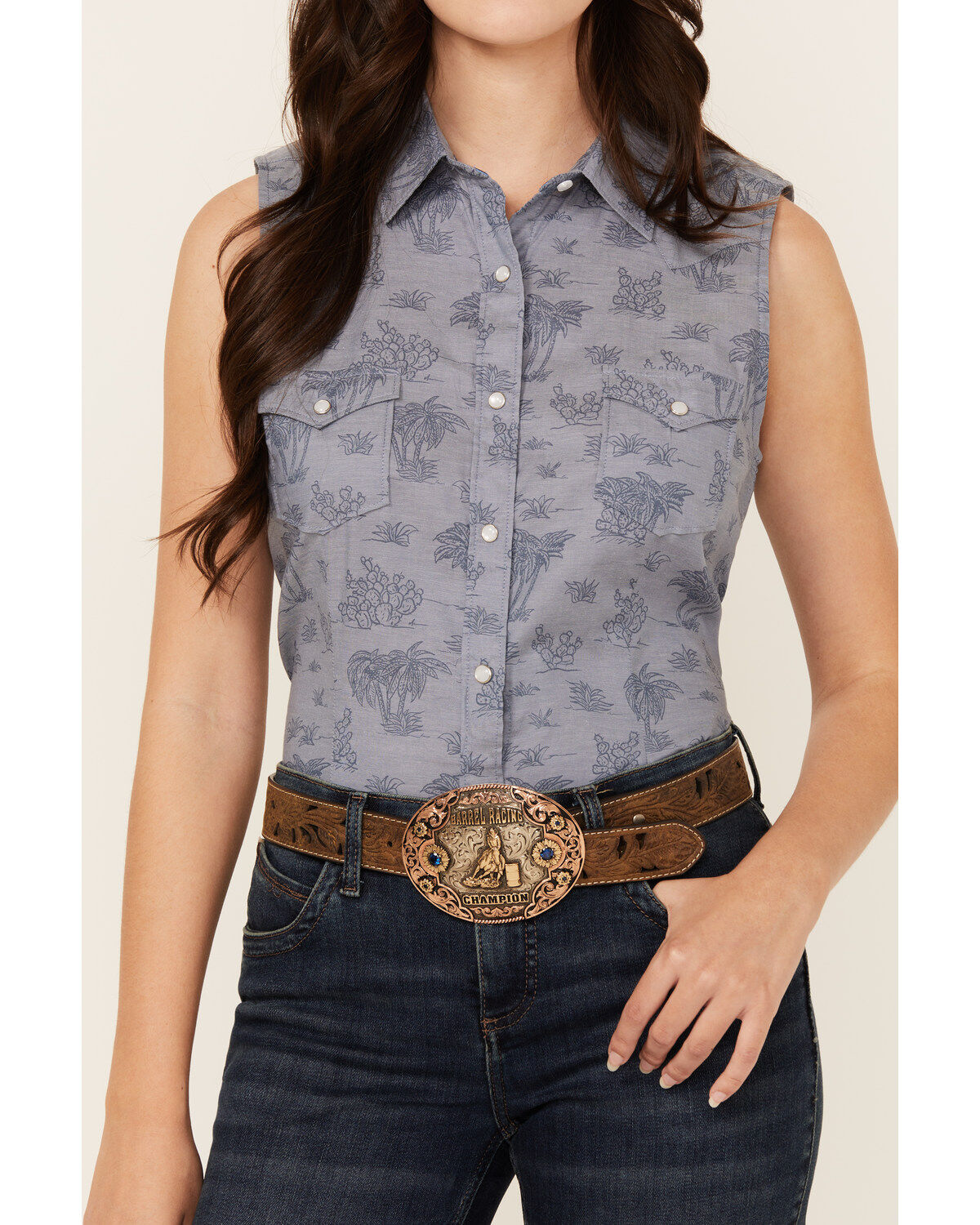 Image #3 - Rough Stock by Panhandle Women's Palm Tree Sleeveless Pearl Snap Western Shirt, Blue, hi-res