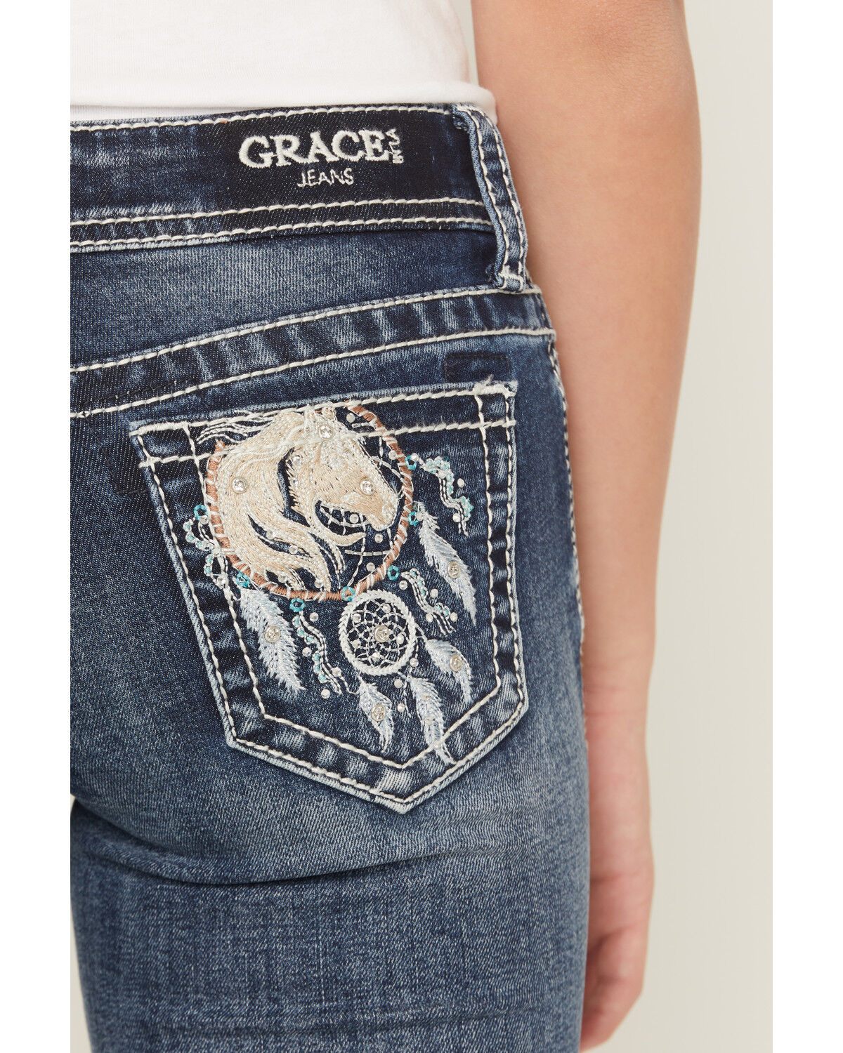 Image #4 - Grace in LA Girls' Dark Wash Dreamcatcher Pocket Bootcut Stretch Denim Jeans, Dark Wash, hi-res