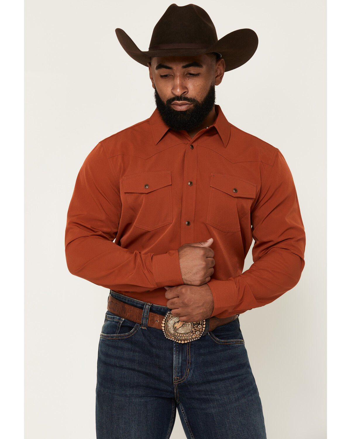 Image #1 - RANK 45&reg; Men's RODEOTEK&trade; 2.0 Remming Solid Long Sleeve Stretch Performance Shirt, Rust Copper, hi-res