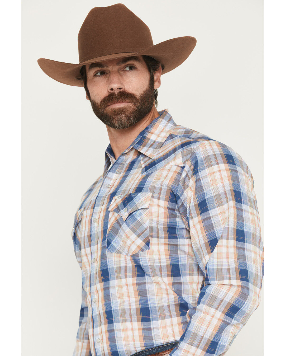 Image #2 - Ely Walker Men's Plaid Print Long Sleeve Pearl Snap Western Shirt, Navy, hi-res