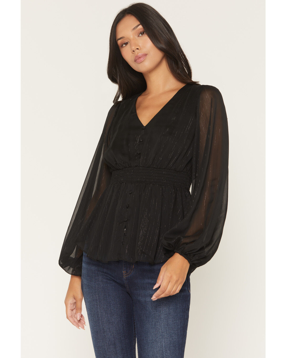 Image #1 - Shyanne Women's Pratt Faux Button-Down Long Sleeve Lurex Top, Black, hi-res
