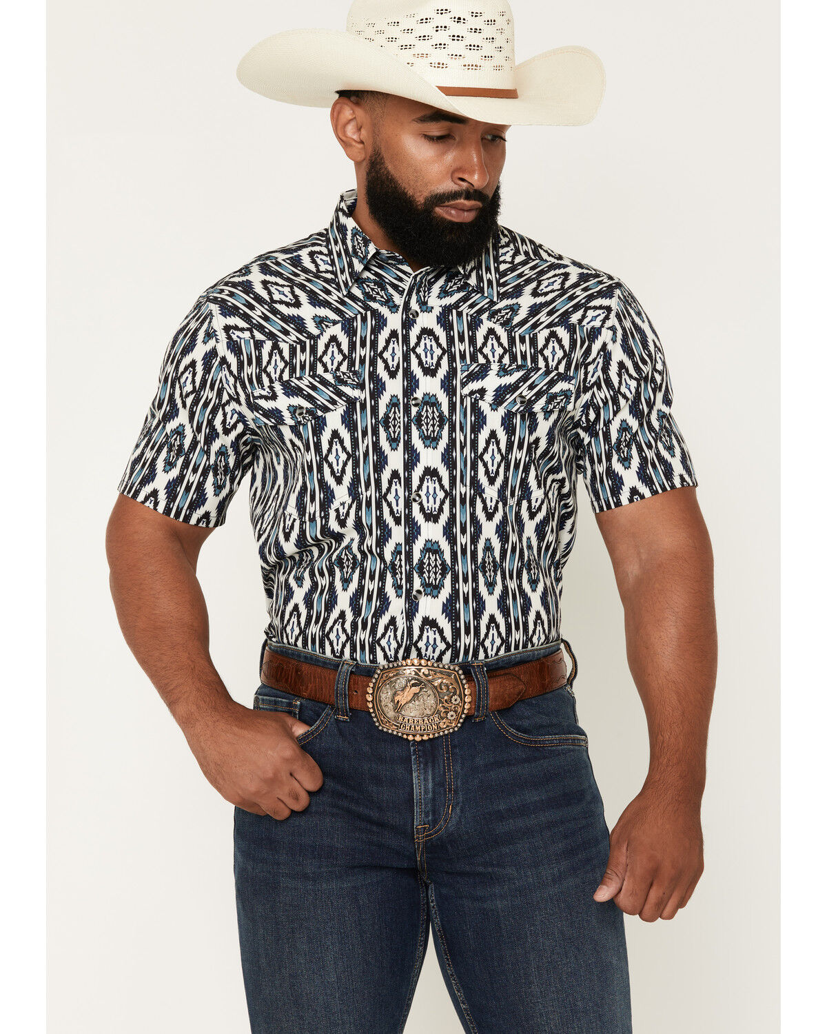 Image #1 - RANK 45&reg; Men's RODEOTEK&trade; 2.0 8 Seconds Southwestern Print Short Sleeve Snap Stretch Performance Shirt, Blue, hi-res