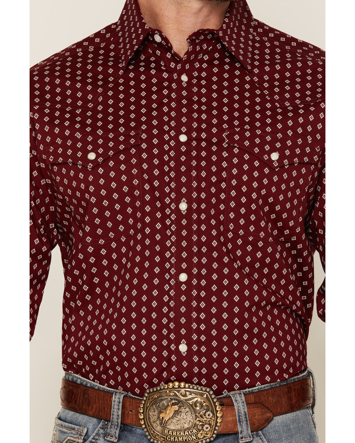 Image #3 - Panhandle Slim Men's Geo Print Long Sleeve Snap Stretch Western Shirt, Red, hi-res