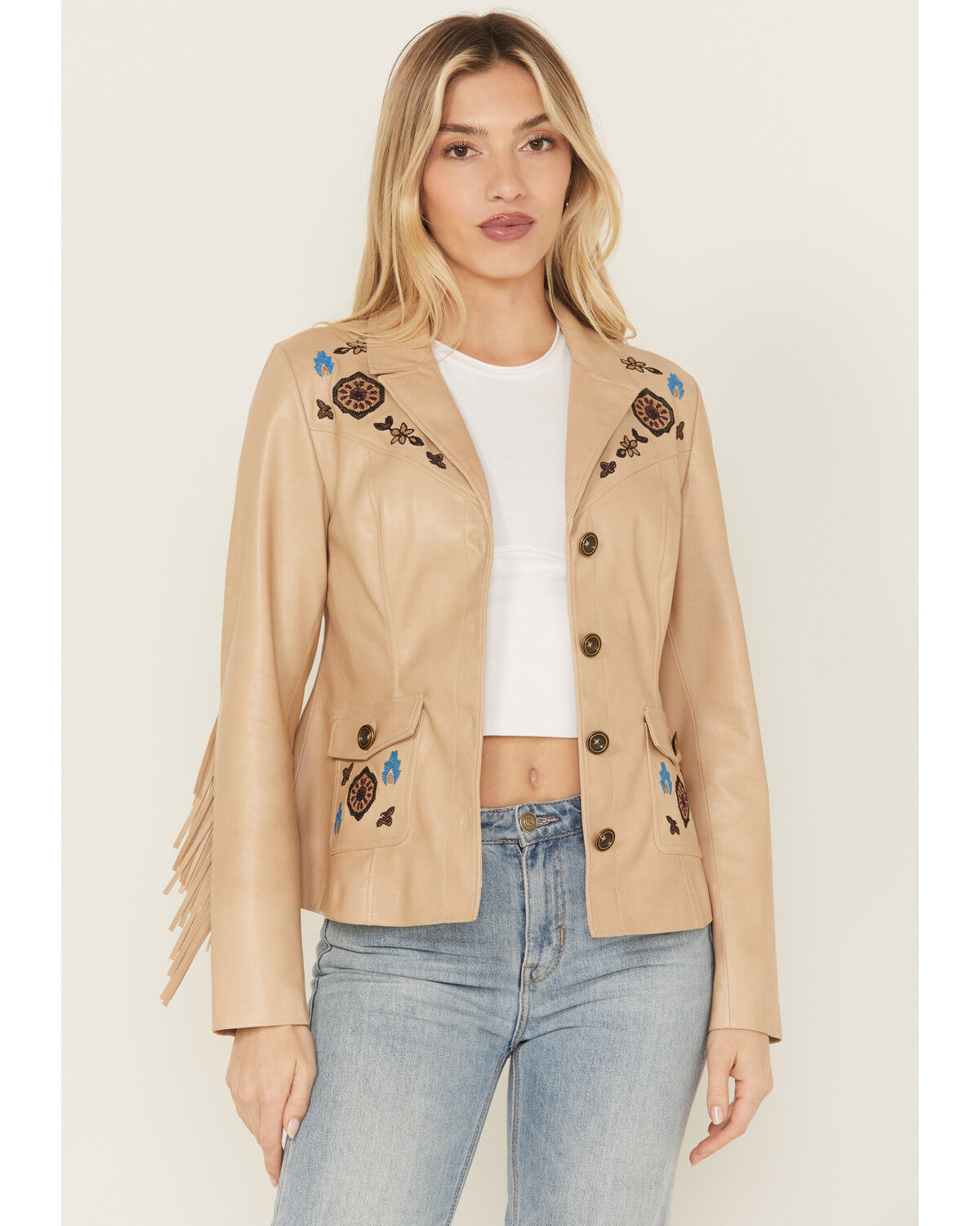 Image #1 - Shyanne Women's Embroidered Faux Leather Jacket, Sand, hi-res
