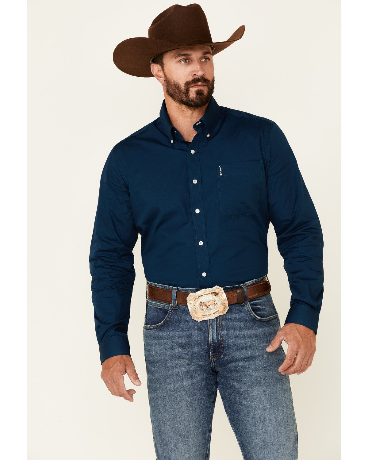Image #1 - Cinch Men's Modern Fit Solid Navy Long Sleeve Button-Down Western Shirt, Blue, hi-res
