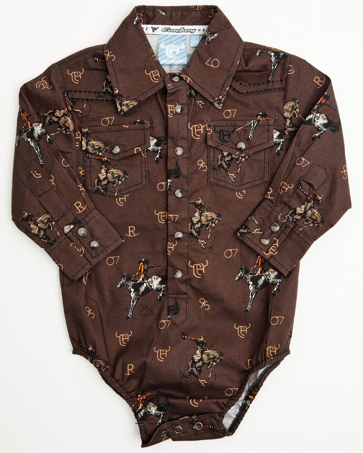 Image #1 - Cowboy Hardware Infant Boys' Bronc Print Long Sleeve Snap Onesie, Dark Brown, hi-res