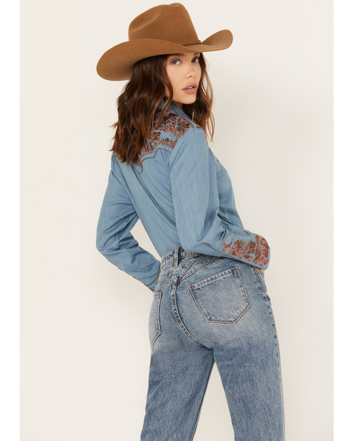 Image #4 - Scully Women's Floral Embroidered Long Sleeve Western Shirt, Blue, hi-res