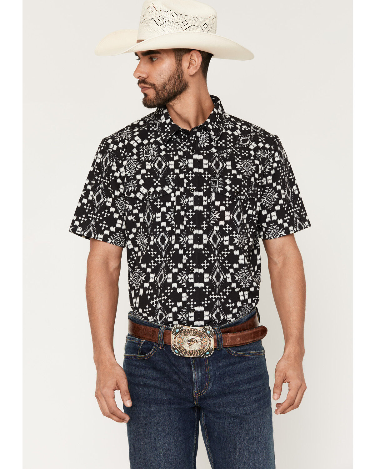Image #1 - RANK 45&reg; Men's RODEOTEK&trade; Zig Man Southwestern Print 2.0 Short Sleeve Snap Stretch Western Shirt, Black, hi-res