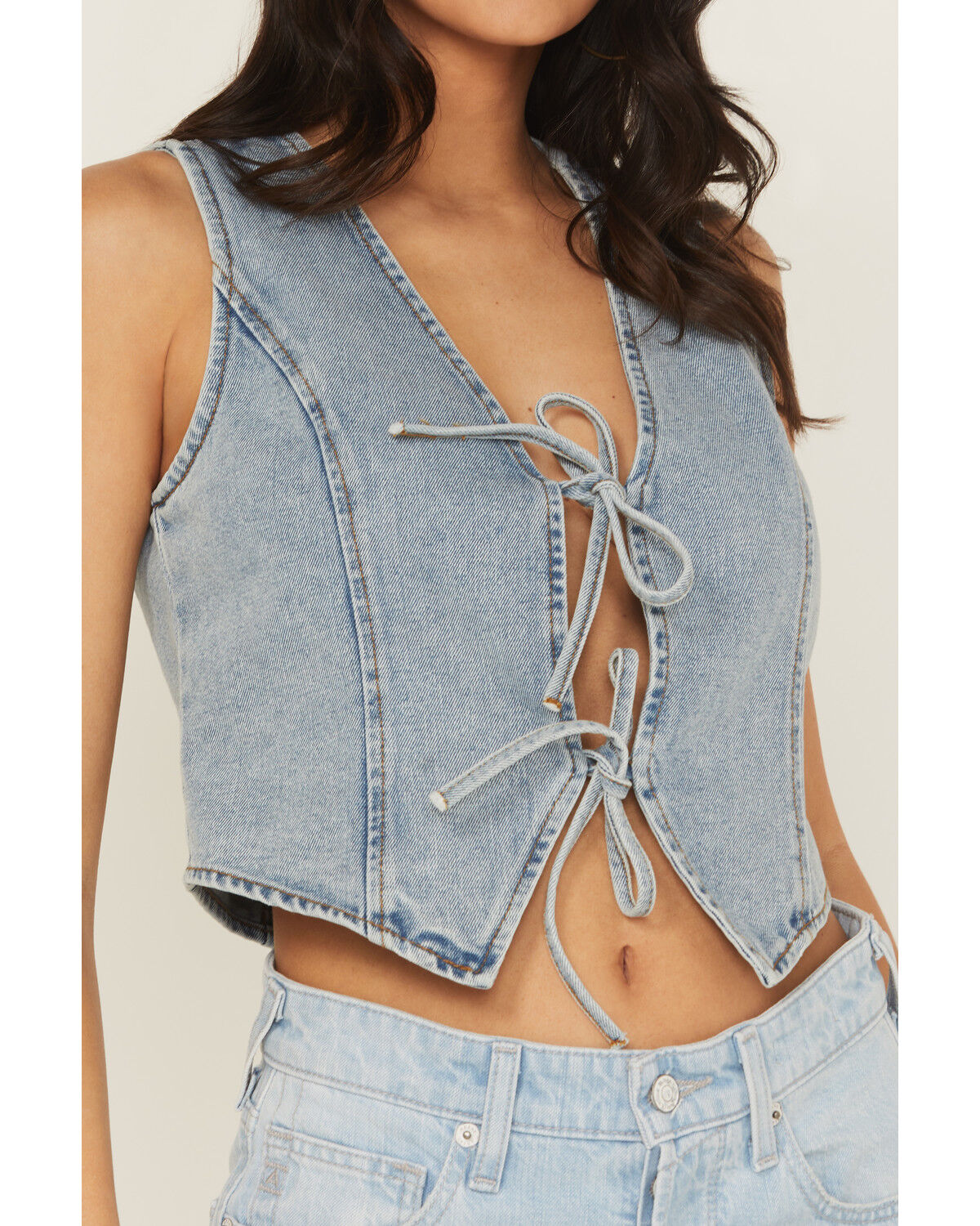 Image #3 - 26 International Women's Light Wash Tie-Front Denim Vest, Medium Wash, hi-res