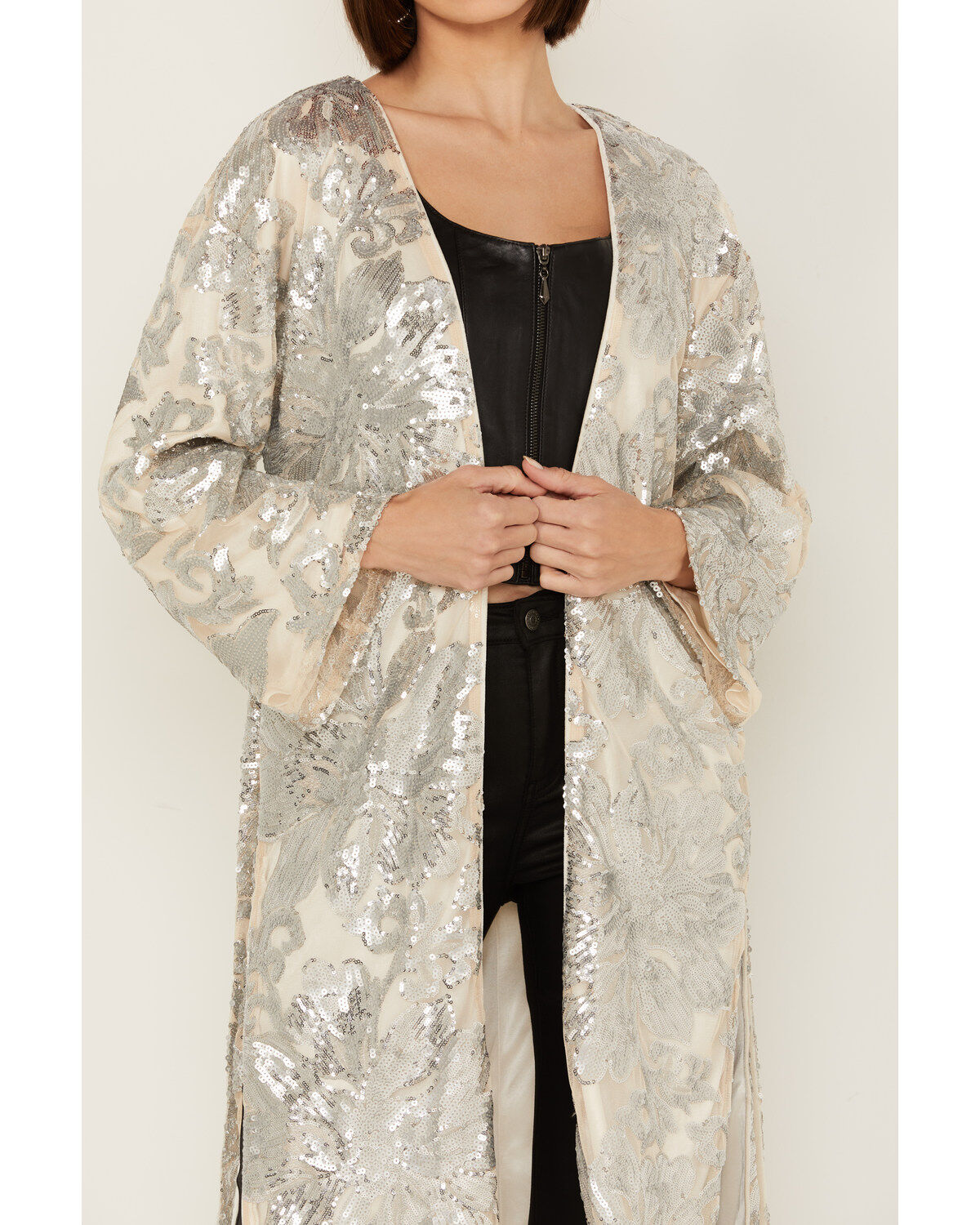 Image #3 - Sadie & Sage Women's Aura Sequin Floral Kimono, Silver, hi-res