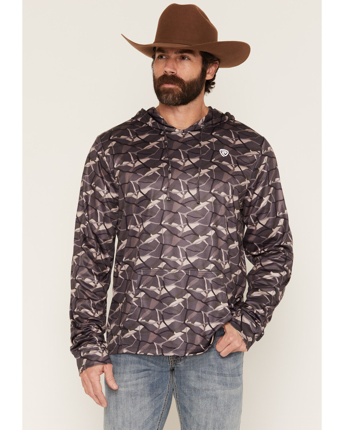 Image #1 - Rock & Roll Denim Men's Camo Print Long Sleeve Hooded Performance Shirt, Taupe, hi-res
