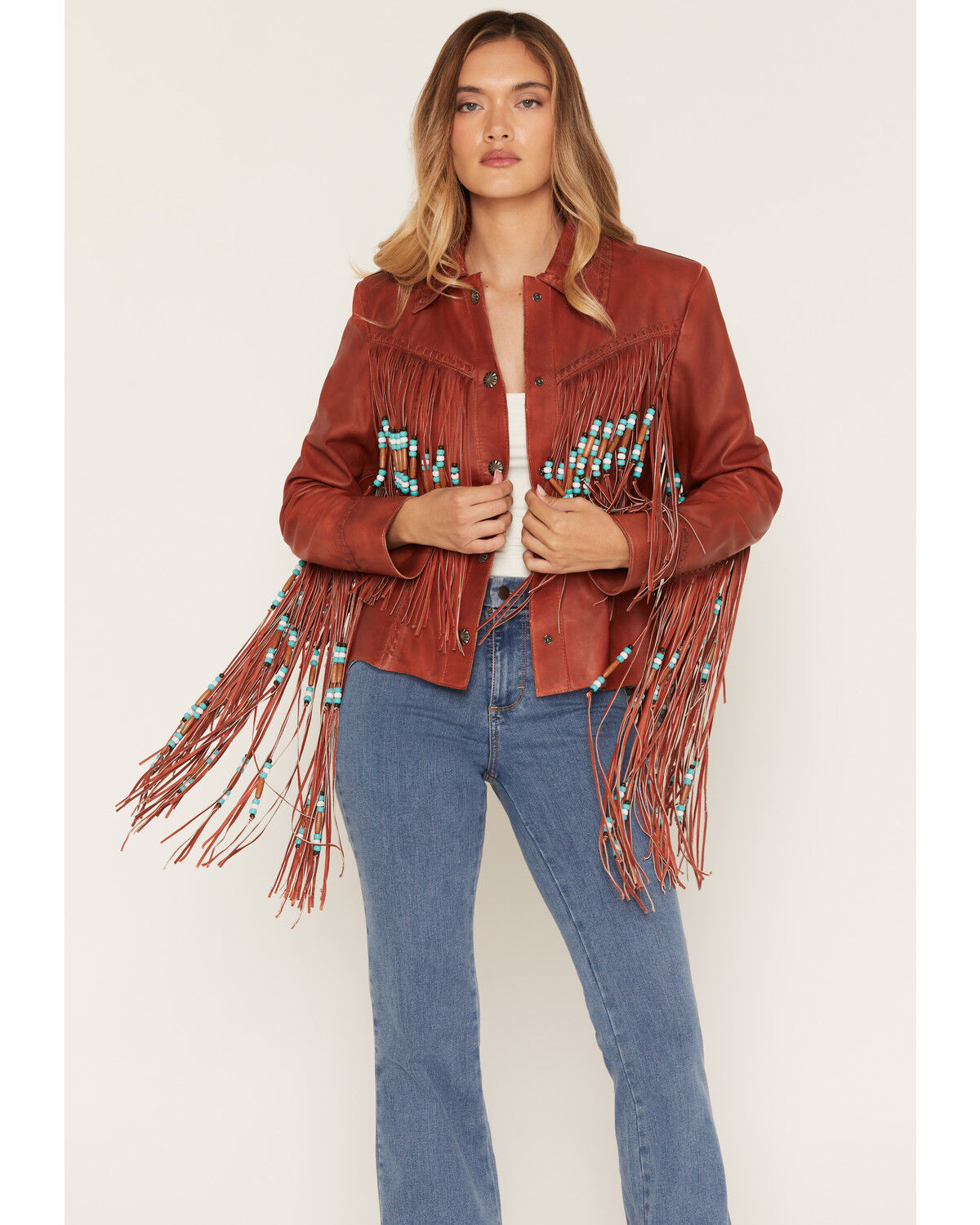 Image #1 - Cripple Creek Women's Beaded Fringe Hand Laced Snap Leather Jacket, Red, hi-res