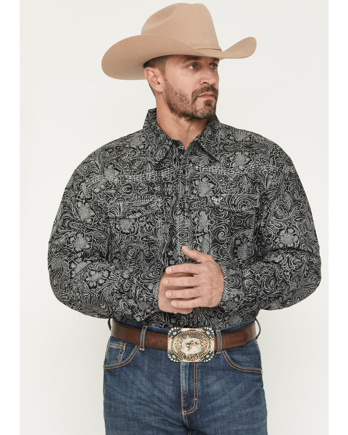 Image #1 - Cowboy Hardware Men's Tooled Floral Print Long Sleeve Snap Stretch Western Shirt, Charcoal, hi-res