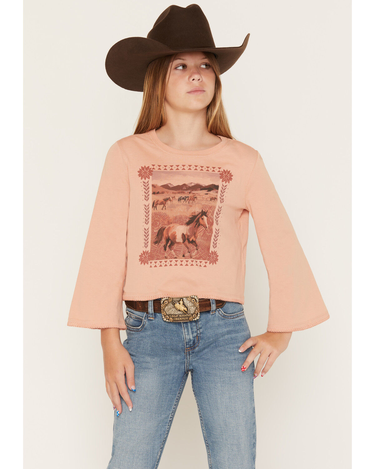 Image #1 - Shyanne Girls' Molly 3/4 Bell Sleeve Graphic Tee, Mauve, hi-res