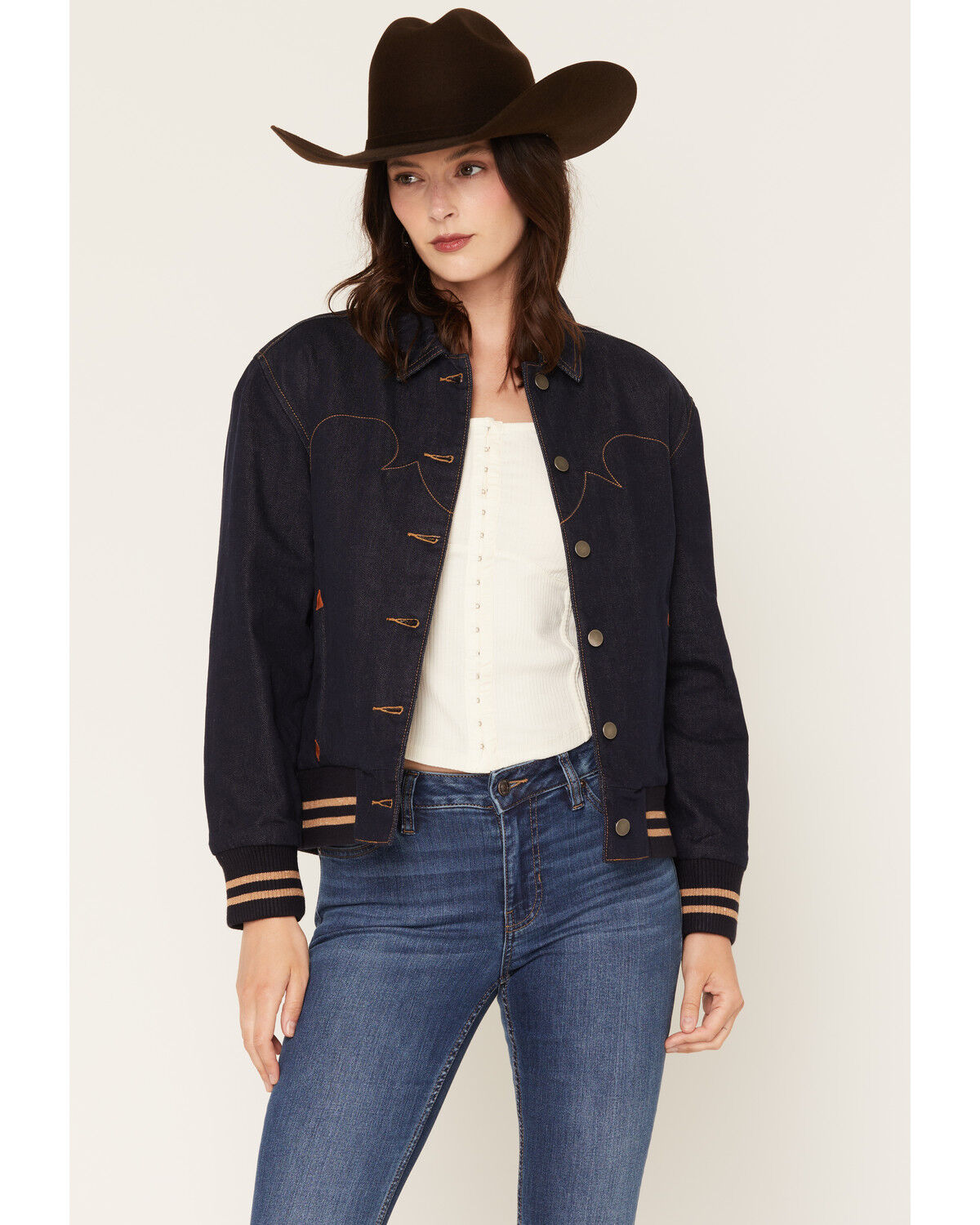 Image #1 - Rock & Roll Denim Women's Dark Wash Bomber Jacket, Dark Wash, hi-res