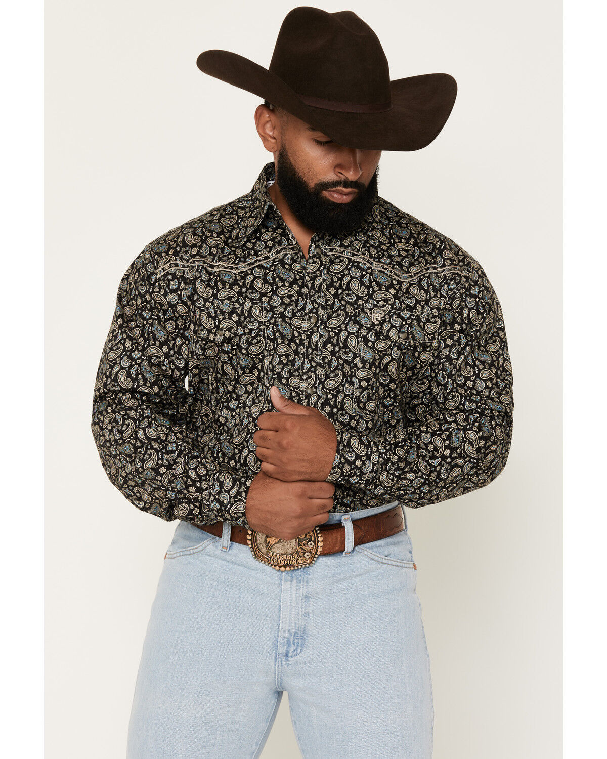 Image #1 - Cowboy Hardware Men's Scatter Paisley Print Long Sleeve Pearl Snap Stretch Western Shirt, Black, hi-res