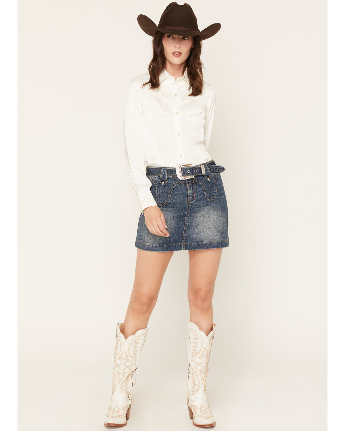 Image #1 - Dakota Blue Women's Dark Wash Belted Western Yoke Denim Mini Skirt, Dark Wash, hi-res