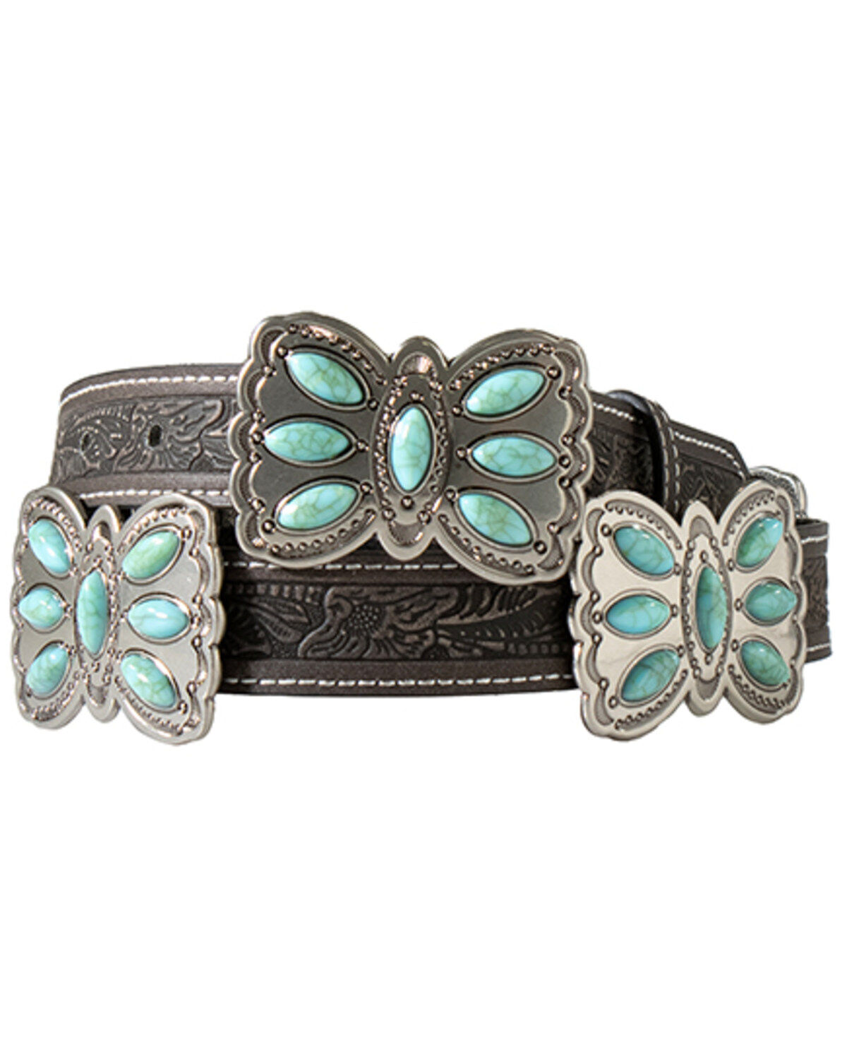 Angel Ranch Women's Floral Concho Tooled Belt, Black, hi-res