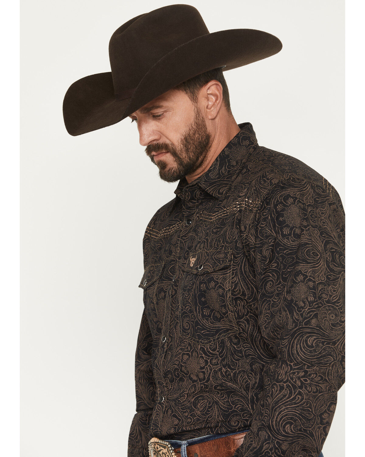 Image #2 - Cowboy Hardware Men's Tooled Floral Print Long Sleeve Snap Stretch Western Shirt, Dark Brown, hi-res