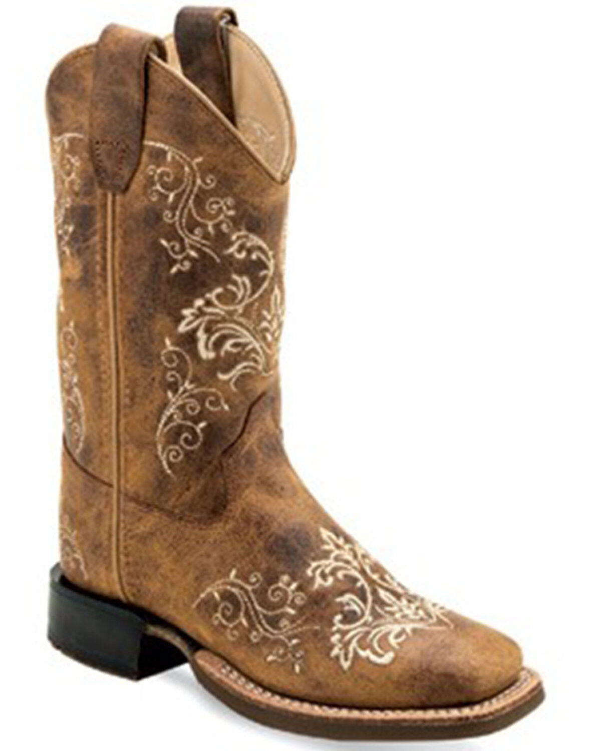 Image #1 - Old West Girls' Floral Western Boots - Broad Square Toe, Tan, hi-res