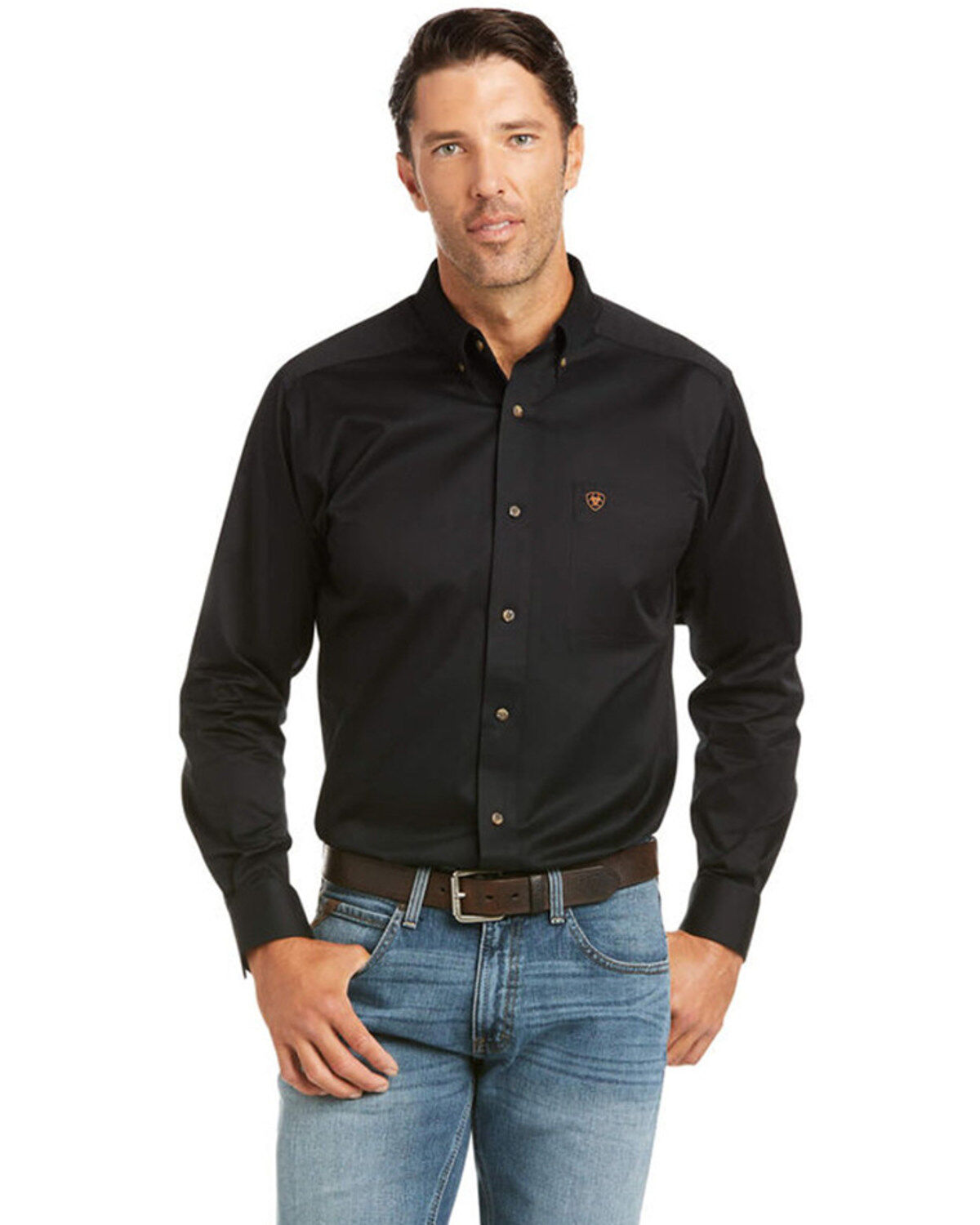 Image #1 - Ariat Men's Solid Twill Fitted Long Sleeve Button-Down Western Shirt, Black, hi-res