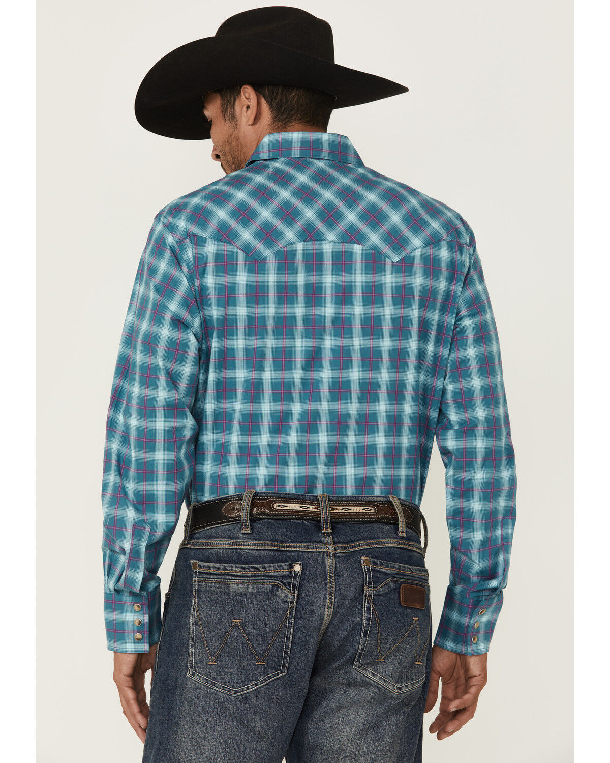Image #4 - Wrangler Retro Men's Plaid Print Long Sleeve Snap Western Shirt, Turquoise, hi-res