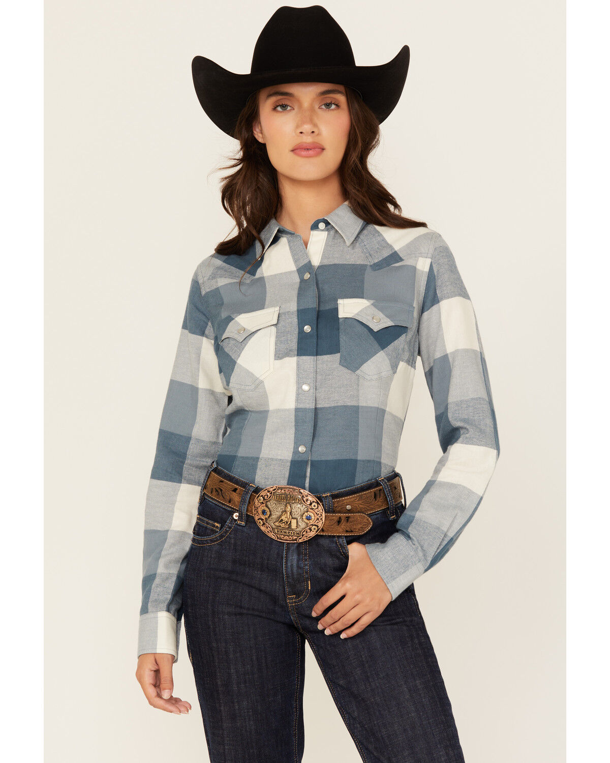 Image #1 - Wrangler Retro Women's Buffalo Plaid Print Long Sleeve Pearl Snap Flannel Shirt, Blue, hi-res