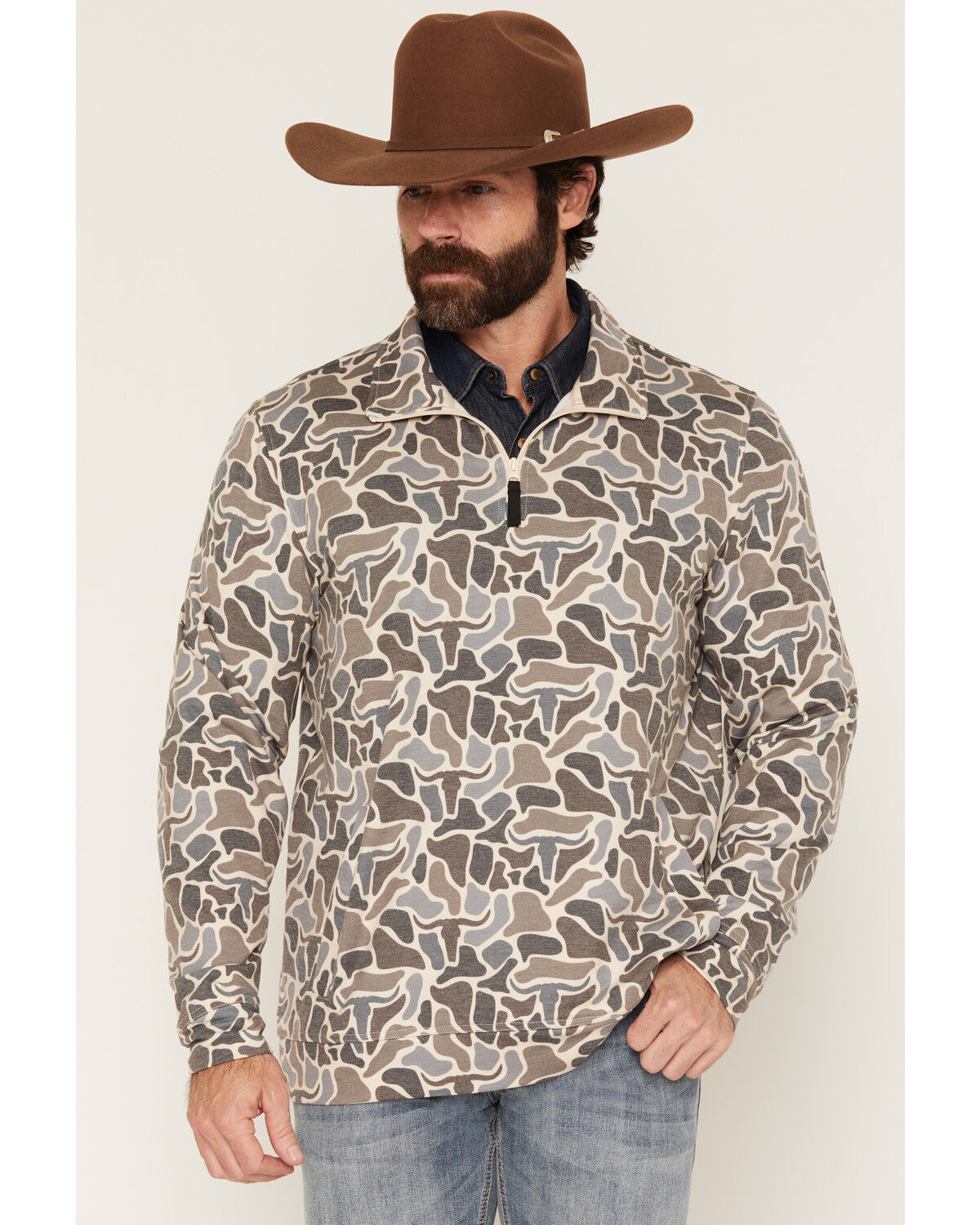 Rock & Roll Denim Men's Camo Print 1/4 Zip Pullover, Tan, hi-res