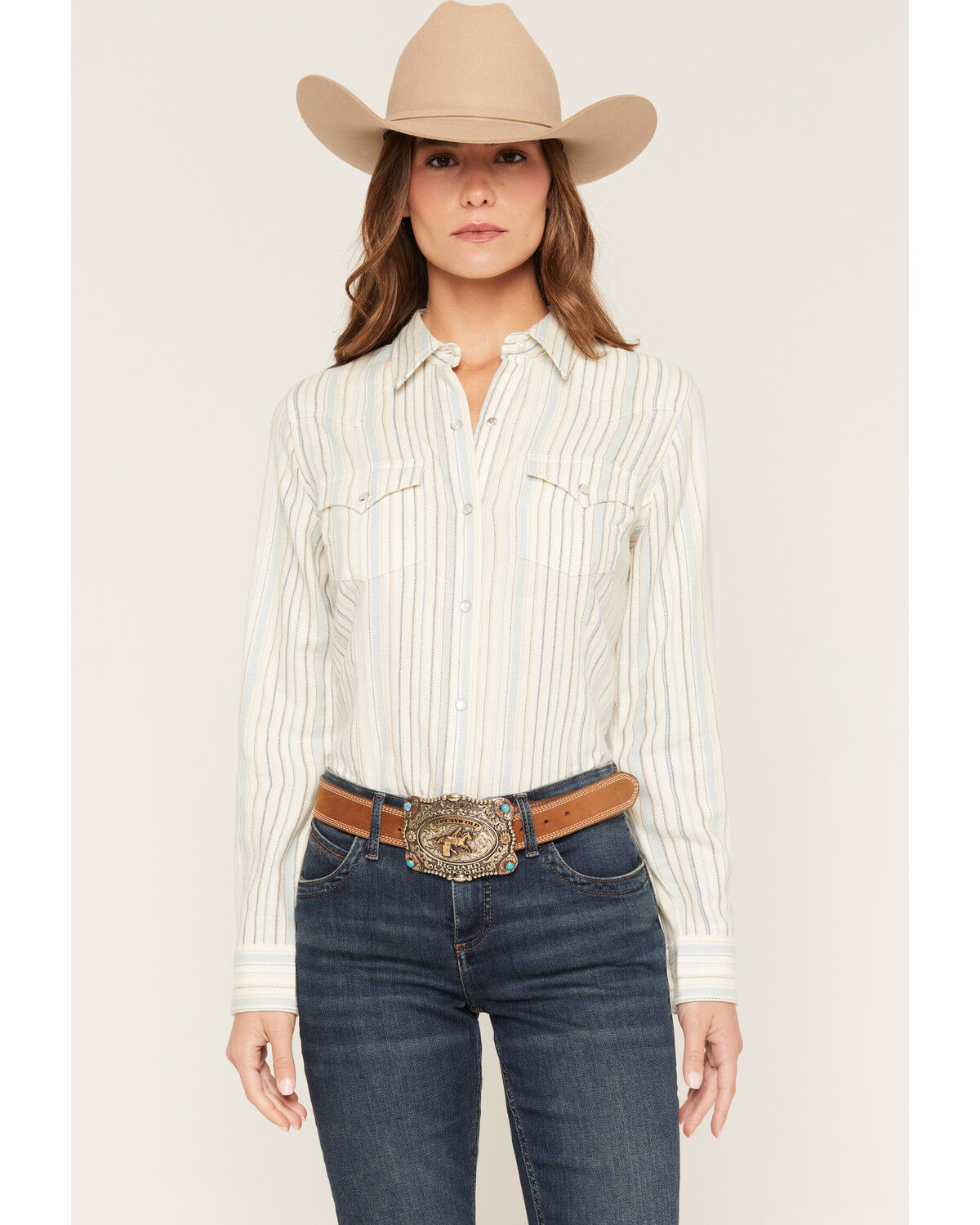 Image #1 - Wrangler Retro Women's Boot Barn Exclusive Striped Long Sleeve Pearl Snap Flannel Shirt, Blue, hi-res