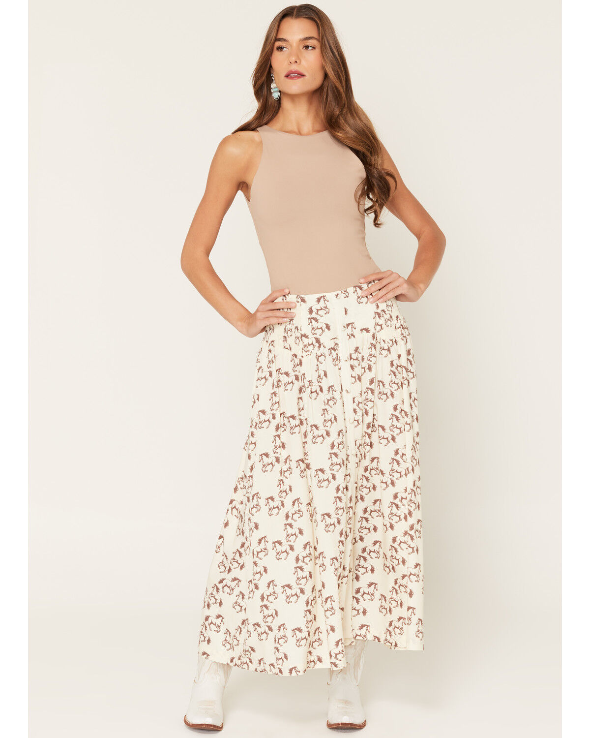 Image #1 - Rock & Roll Denim Women's Boot Barn Exclusive Horse Print Faux Button Midi Skirt, Natural, hi-res