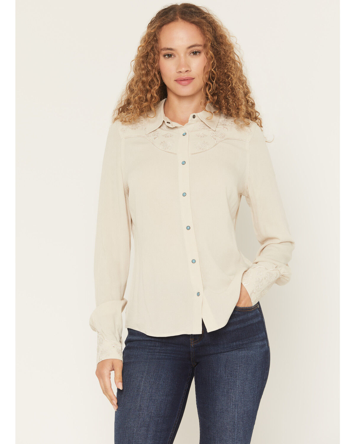Image #1 - Shyanne Women's Bluespruce Embroidered Long Sleeve Snap Western Shirt, Oatmeal, hi-res