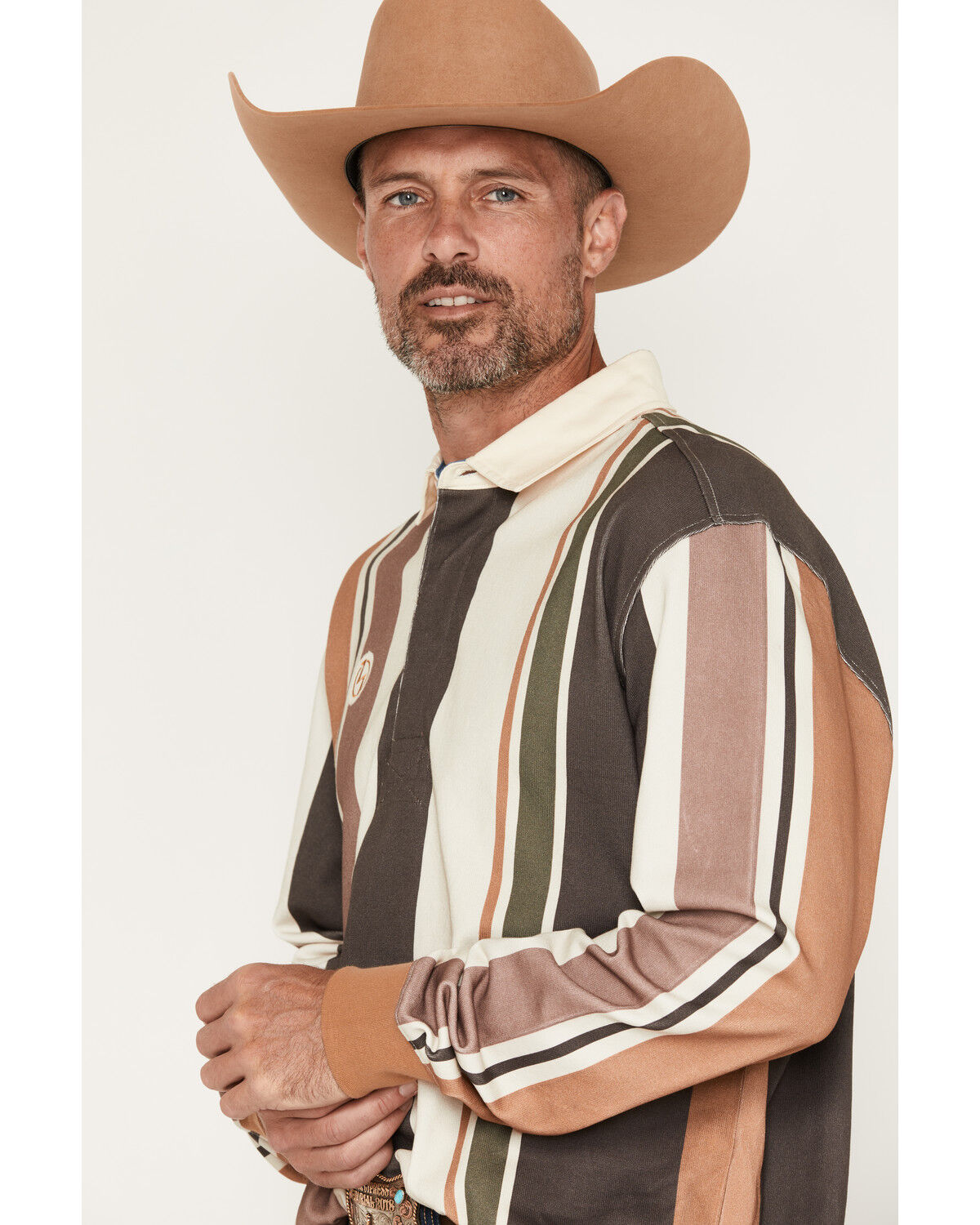 Image #2 - Zach Top X Kimes Ranch Men's Wyatt Striped Long Sleeve Button-Down Polo Shirt, Brown, hi-res