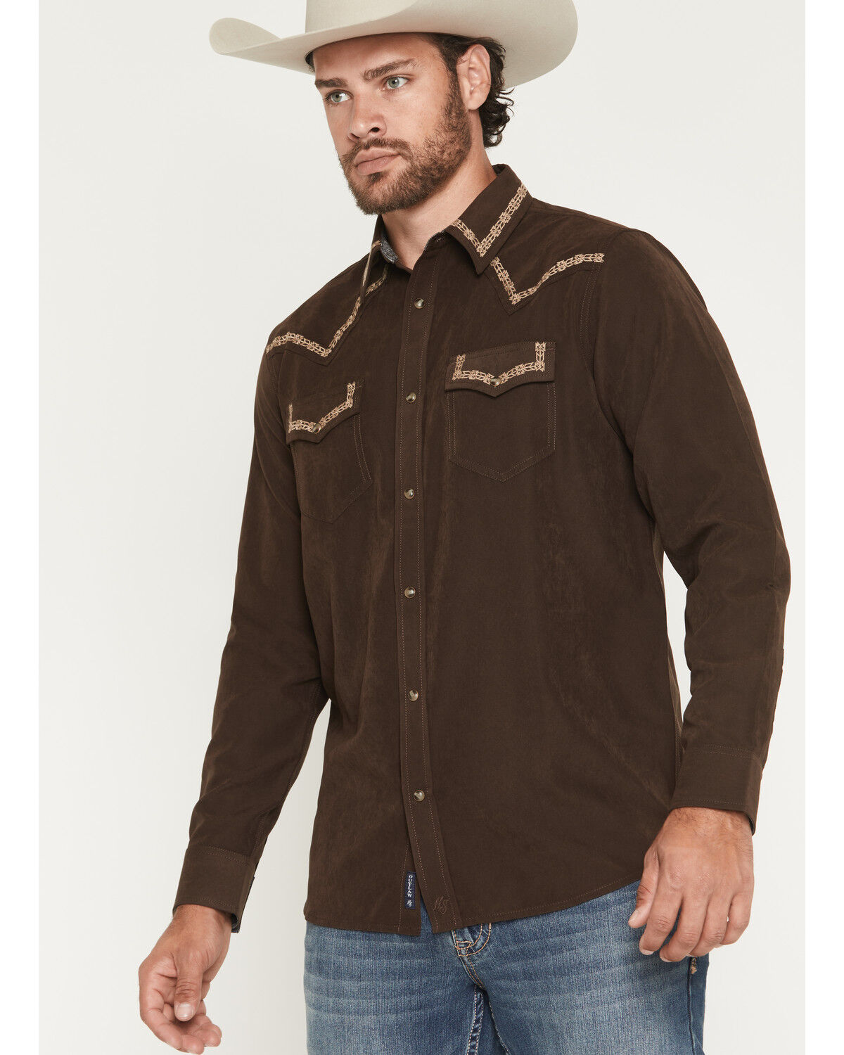 Moonshine Spirit&reg; Men's Front Stage Embroidered Solid Long Sleeve Snap Western Shirt, Dark Brown, hi-res