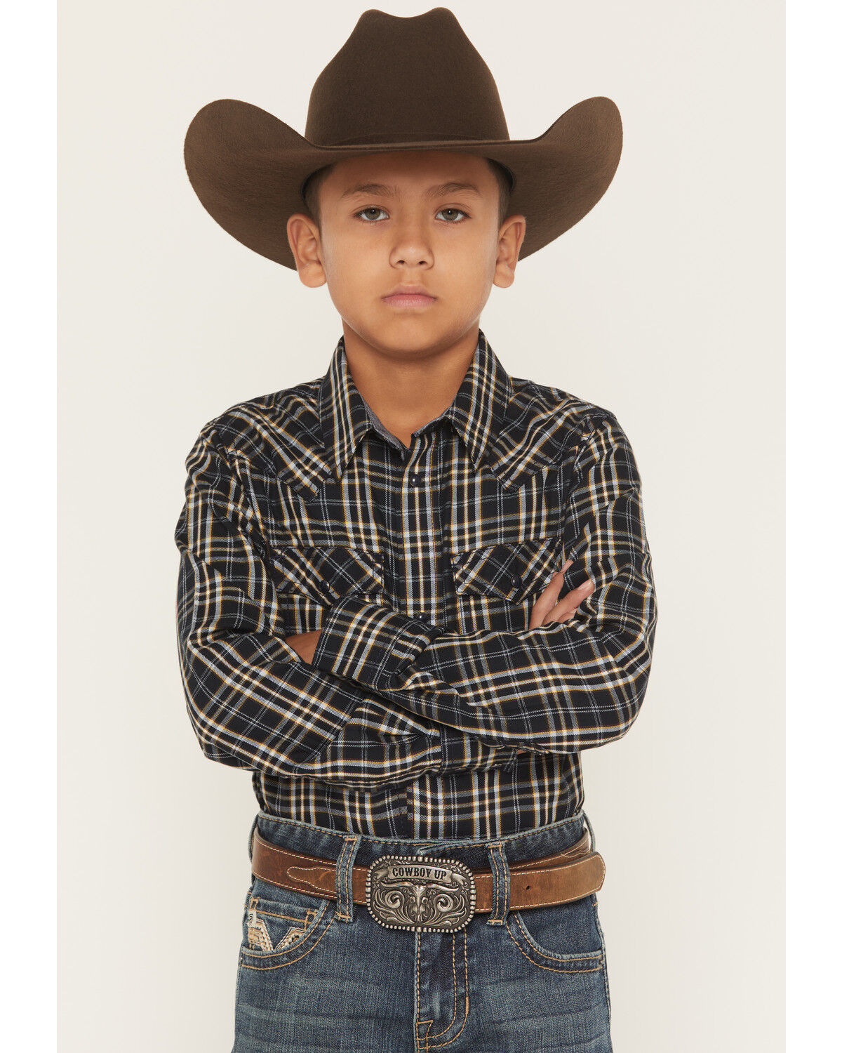 Image #1 - Cody James Boys' Warriors Way Plaid Print Long Sleeve Snap Western Shirt, Dark Blue, hi-res
