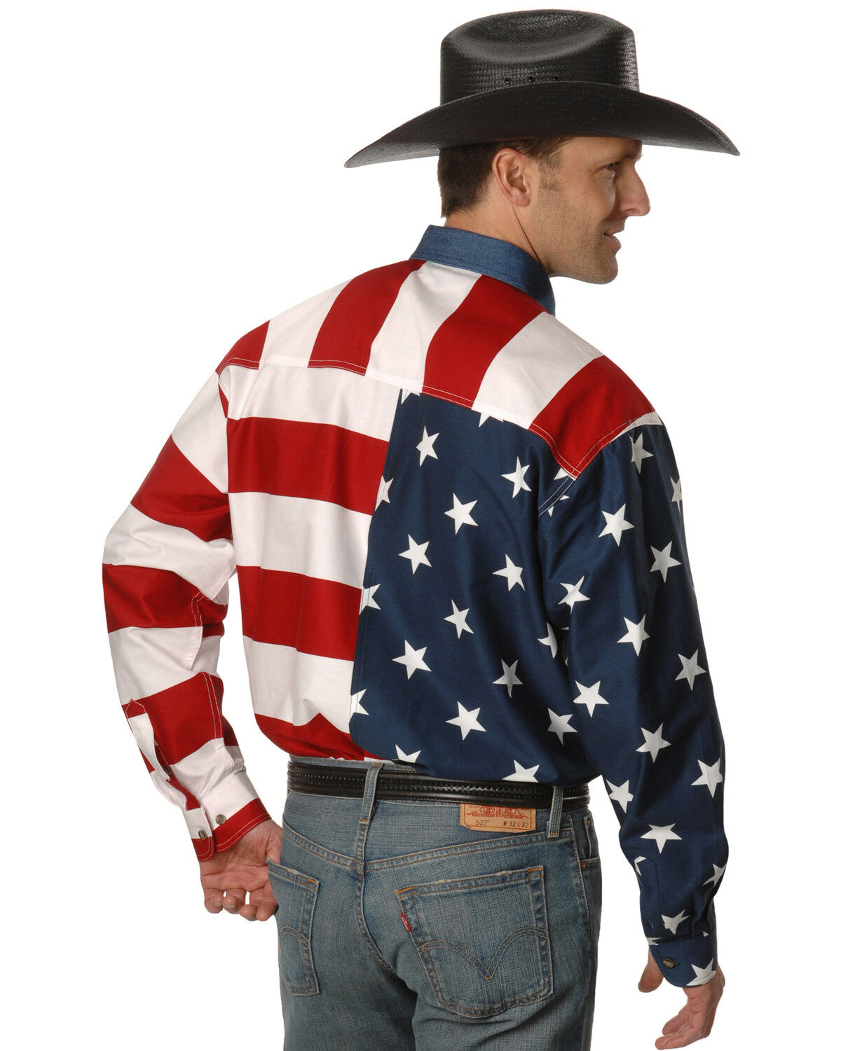 Image #2 - Roper Men's American Flag Long Sleeve Western Shirt, White, hi-res