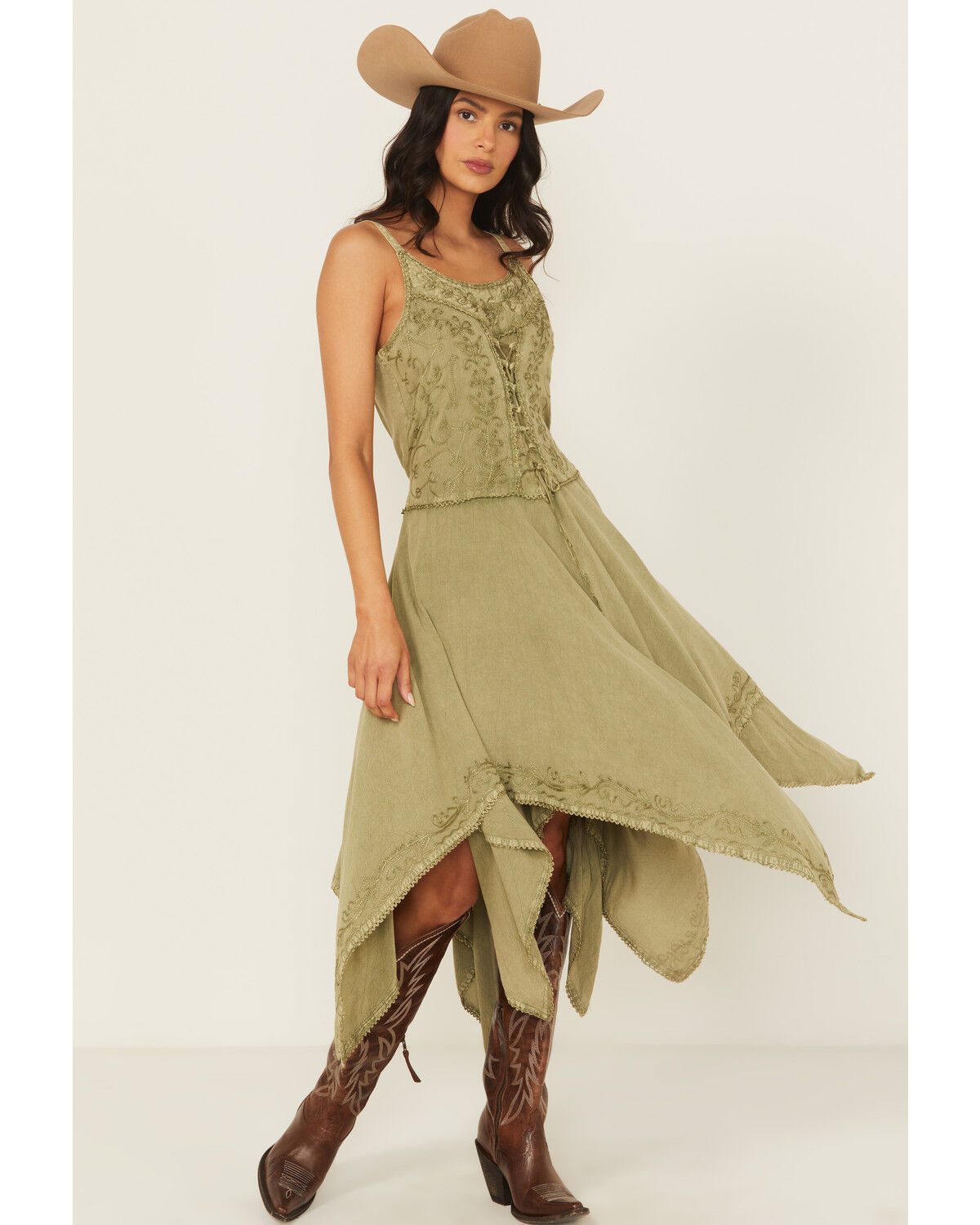 Image #1 - Scully Women's Sleeveless Hanky Hem Jacquard Midi Dress, Olive, hi-res