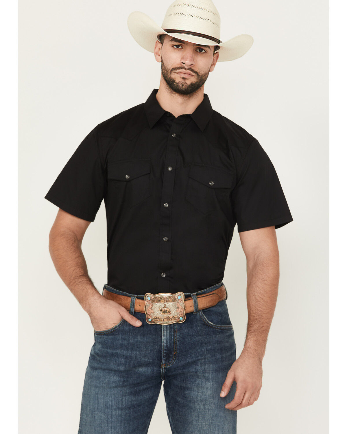 Image #1 - Gibson Men's Solid Pearl Snap Short Sleeve Western Shirt, Black, hi-res