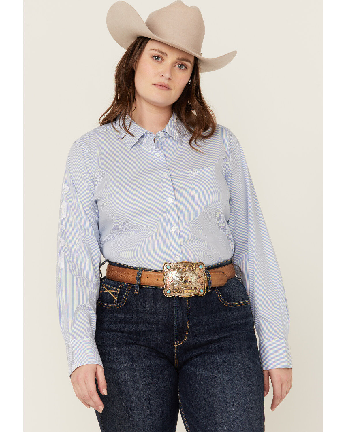 Ariat Women's Striped Team Kirby Long Sleeve Button-Down Stretch Western Shirt - Plus, Blue, hi-res