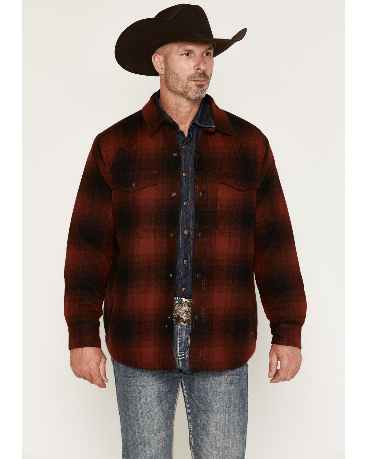 Image #1 - Ariat Men's Retro Buffalo Plaid Print Snap Shirt Jacket, Red, hi-res